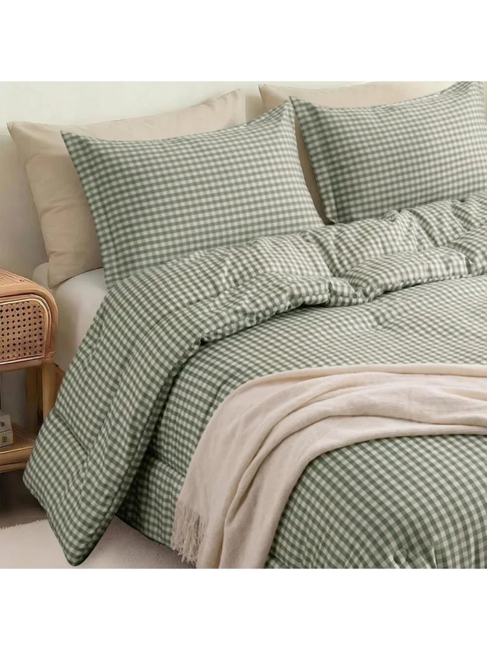 Cozy Twin XL Comforter Set, Fluffy Green Gingham Plaid Bedding, 3-Piece Set